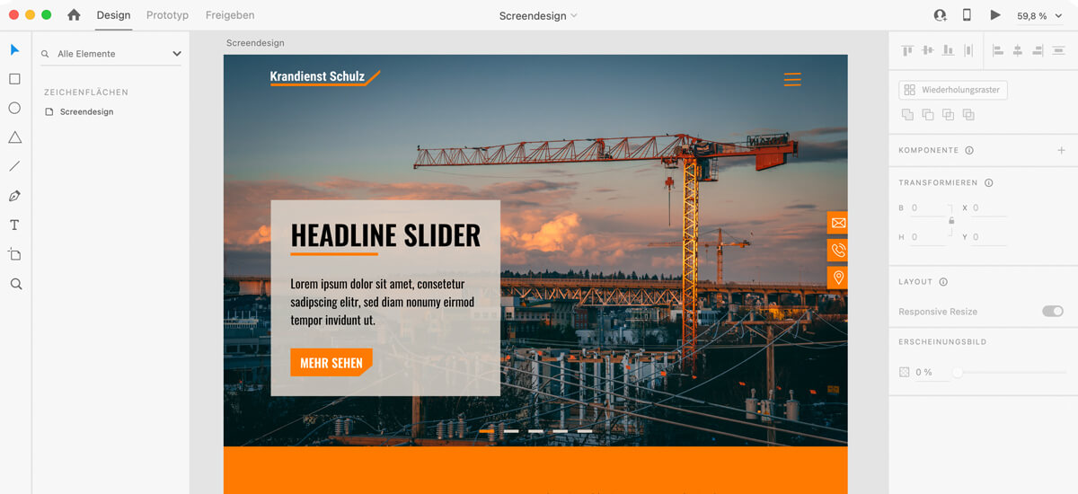 bildschirmfoto von adobe xd mit krandienst schulz screendesign