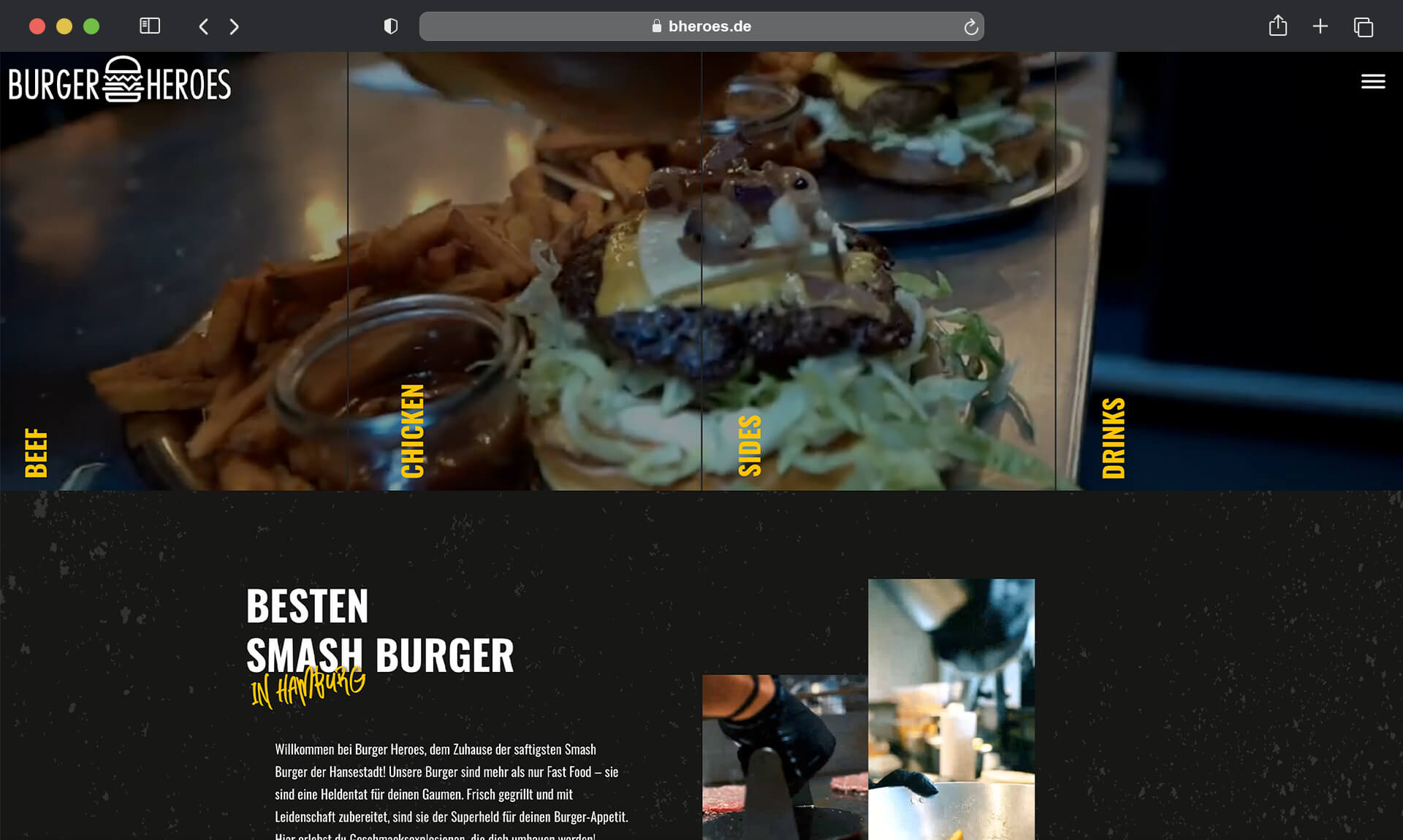 browser mockup zeigt burger heroes webseite nach redesign