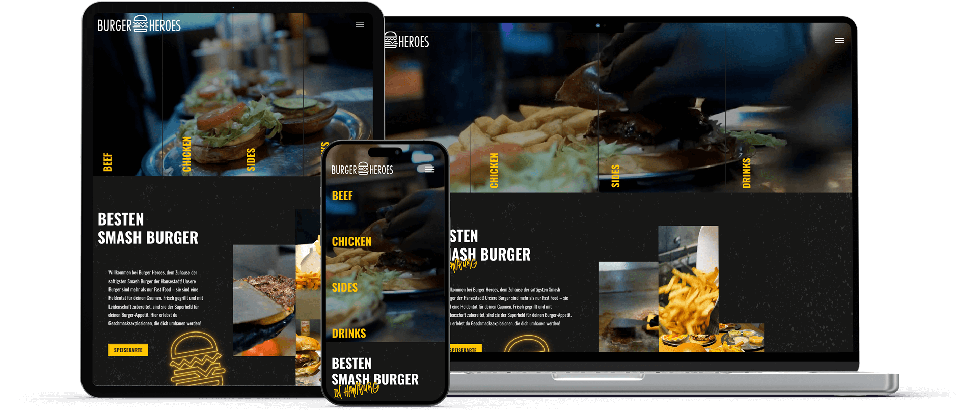 burger heroes startseite im laptop handy und tablet mockup