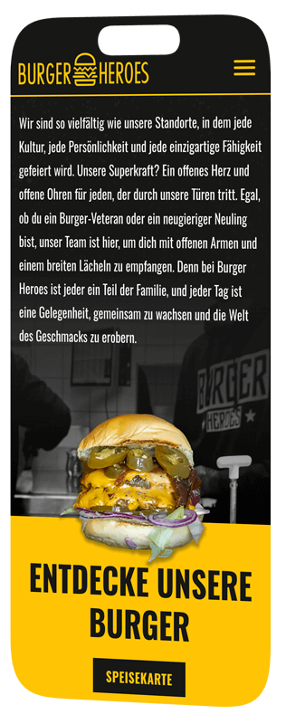 handy mockup zeigt text und bild zur speisekarte von burger heroes