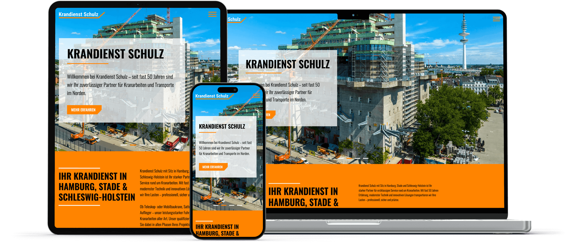 startseite von krandienst schulz im laptop handy und tablet mockup