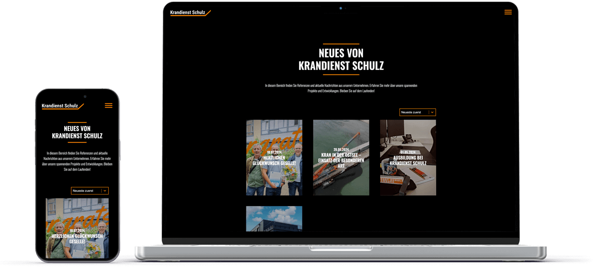 laptop und handy mockup zeigen newsseite von krandienst schulz