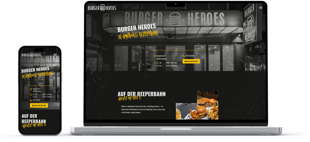 laptop und handy mockup zeigen standortseiten von burger heroes