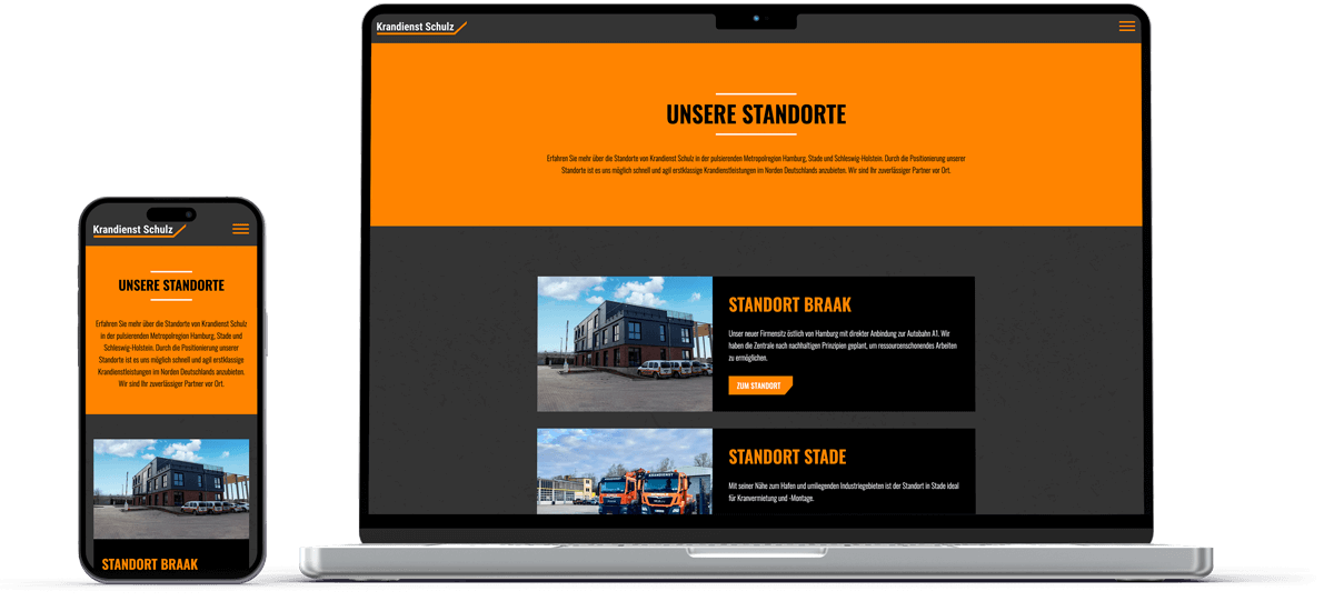 laptop und handy mockup zeigen standortseiten von krandienst schulz
