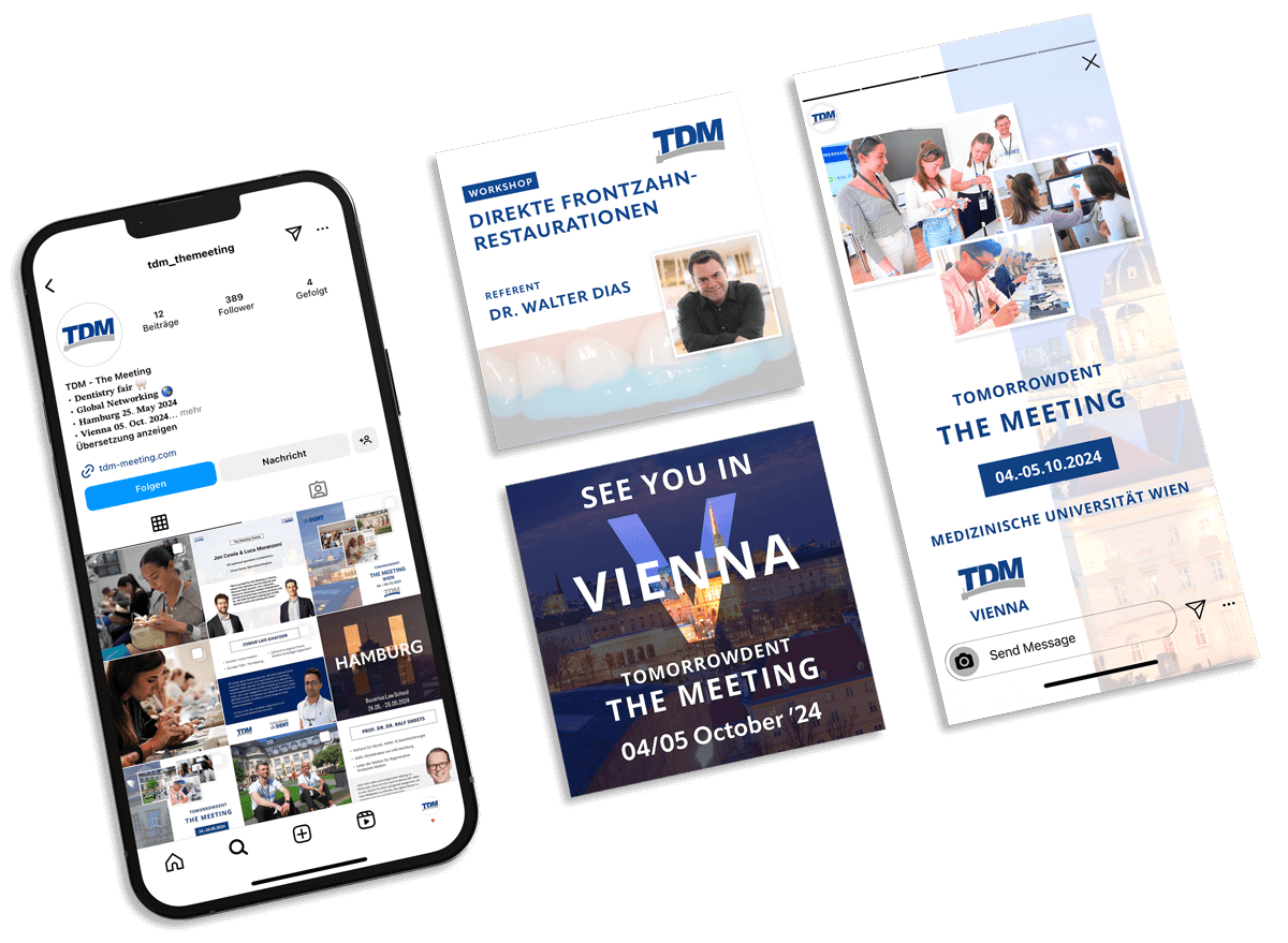 mockup zeigt instagram posts und storys von tdm the meeting
