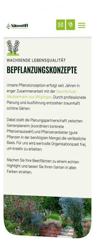 handy mockup zeigt bepflanzungskonzepte bereich auf naumann website