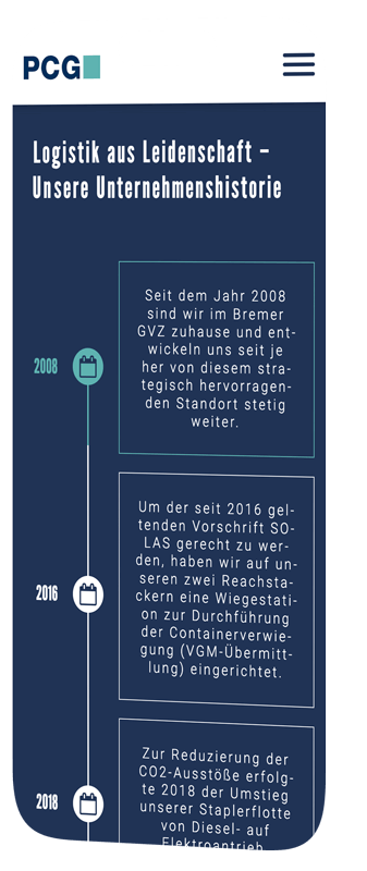 handy mockup zeigt zeitstrahl auf der ueber uns seite von pcg