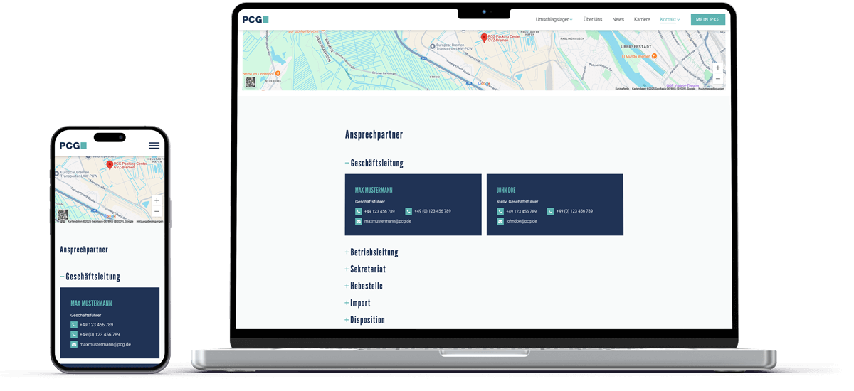 laptop und handy mockup zeigt kontakt seite von pcg