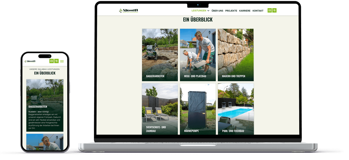 laptop und handy mockup zeigt leistungsseite von naumann