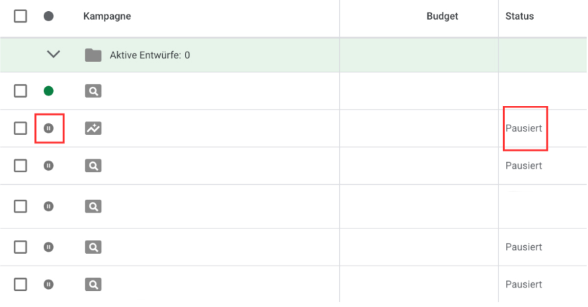 schreenshot google ads kampagne status pausiert