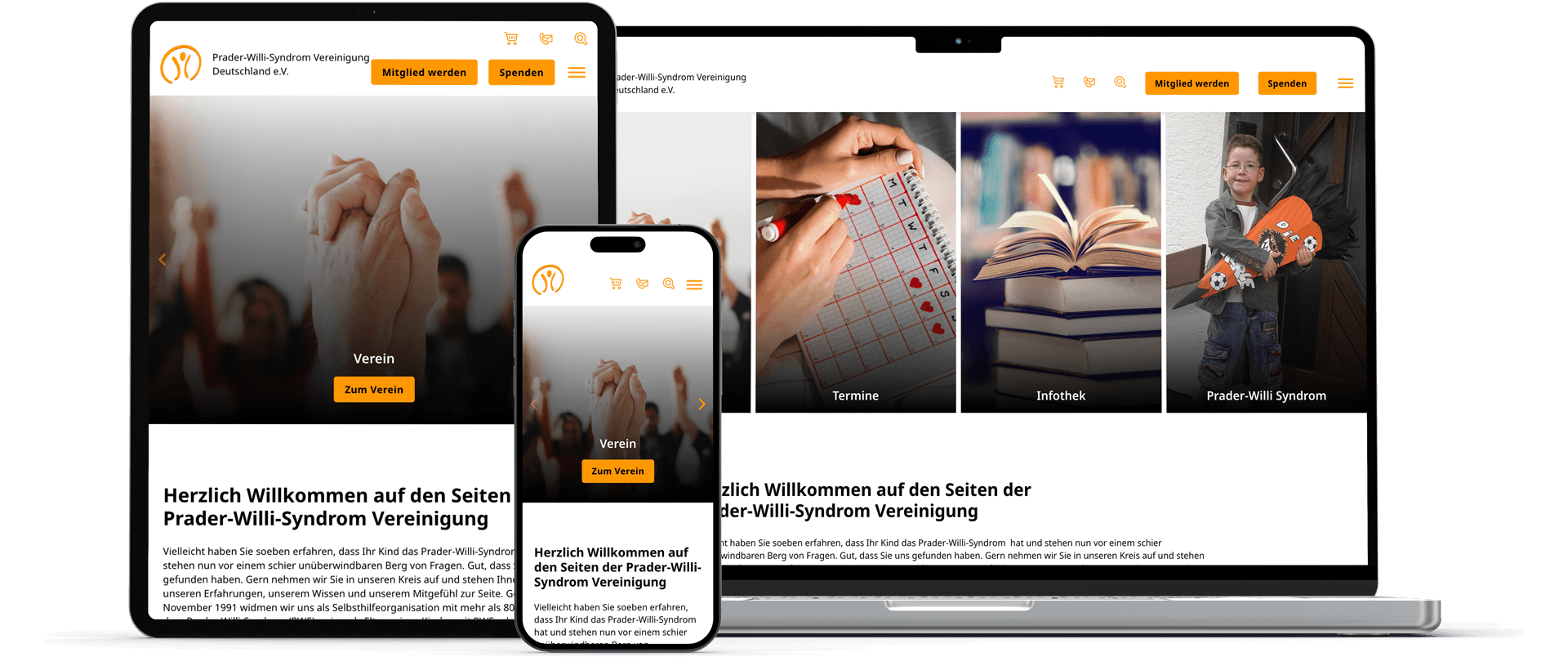 laptop tablet und handy mockup zeigt startseite von prader willi syndrom vereinigunn