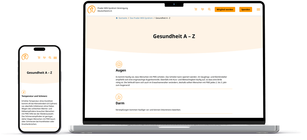 laptop und handy mockup zeigt gesundheit a z von prader willi