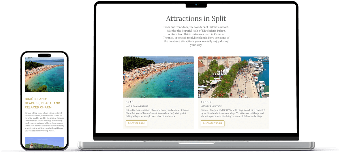 laptop und handy mockup zeigt sehenswuerdigkeiten in der naehe von hotel agava split