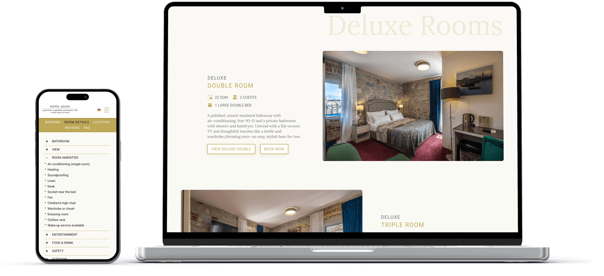 laptop und handy mockup zeigt zimmeruebersicht und raumdetails von hotel agava split