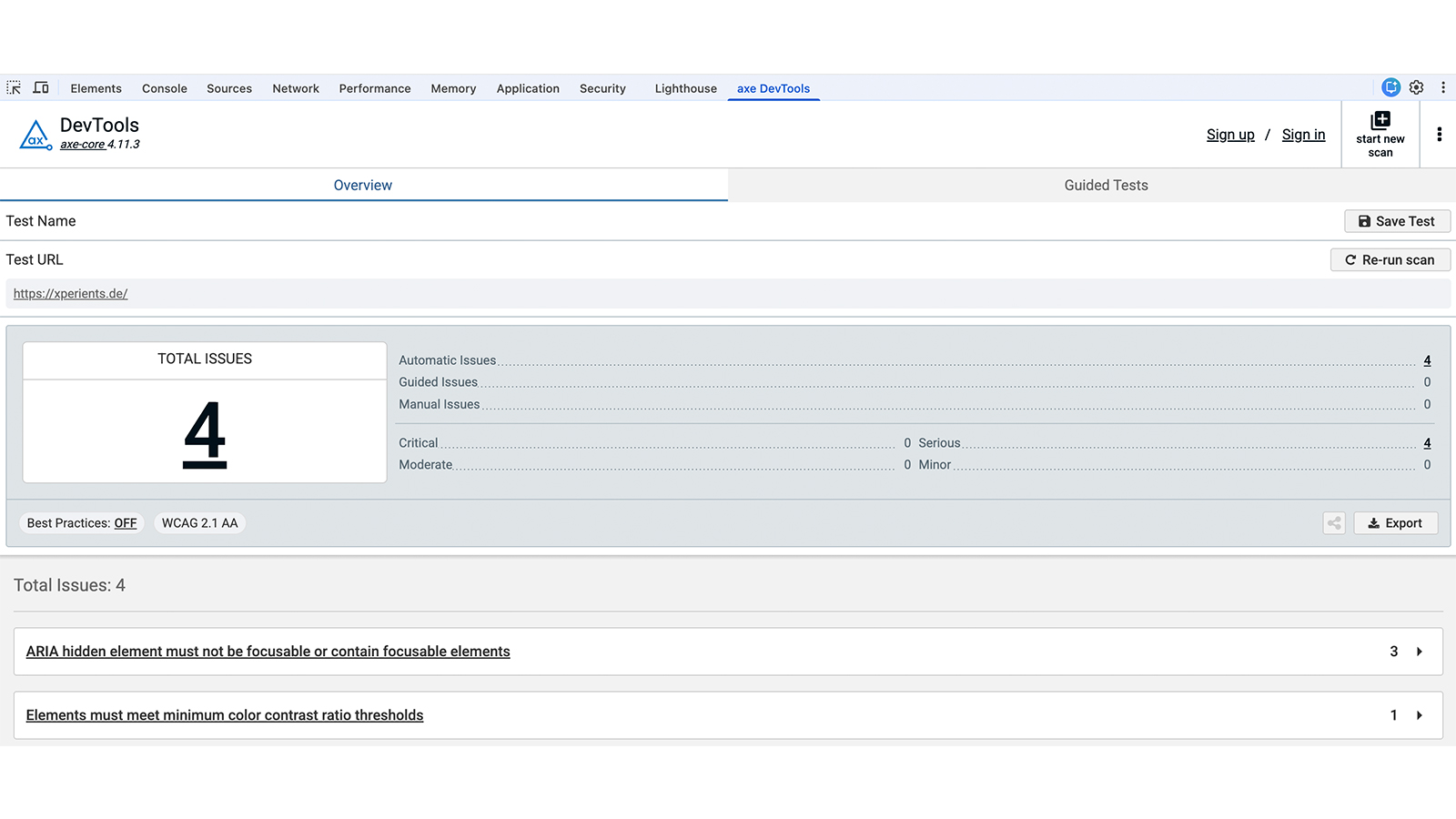 axe DevTools Browser-Erweiterung mit Issue-Liste
