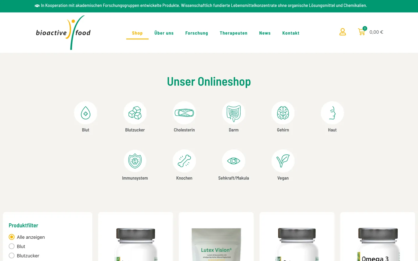 Shop von BioActive Food mit Filter nach Anwendungsbereichen wie Blut, Gehirn und Immunsystem