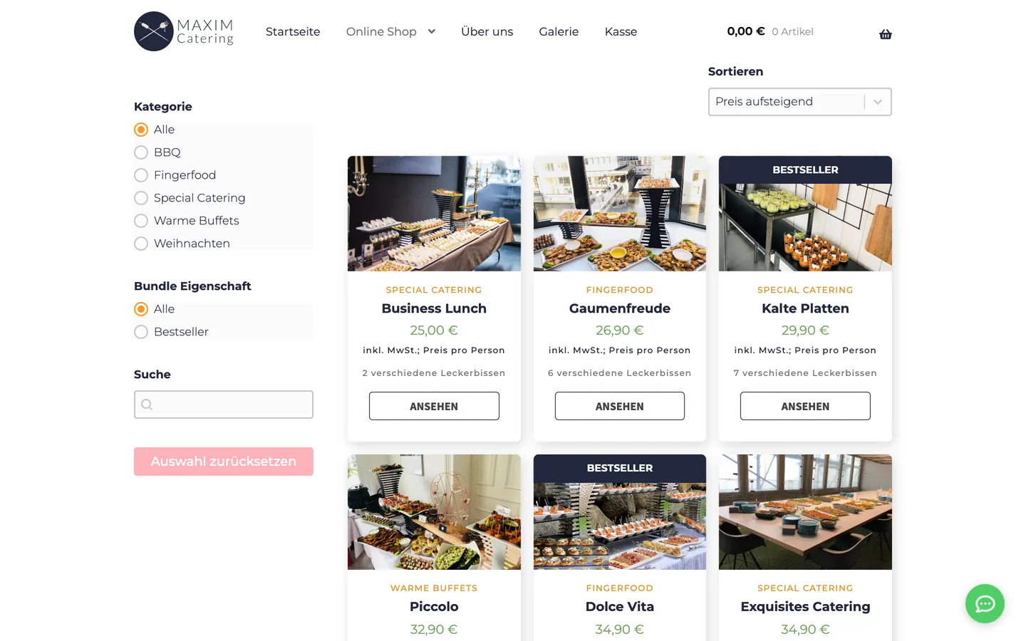 Kategorieseite im Shop von Maxim Catering mit Filter nach Kategorie und Catering-Paketen mit Preis pro Person