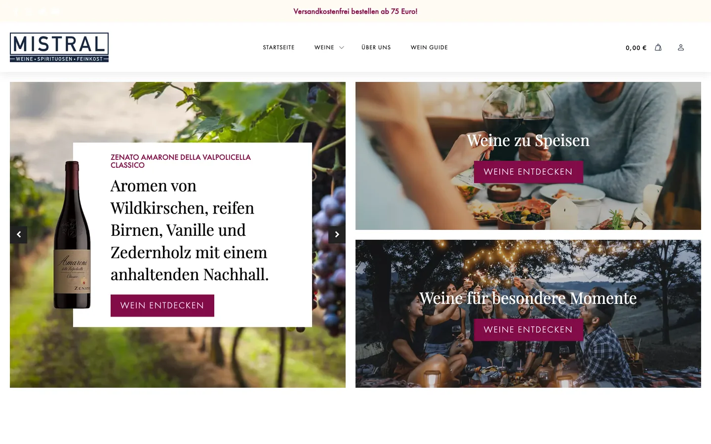 Startseite des WooCommerce-Shops von Mistral Weinhandel