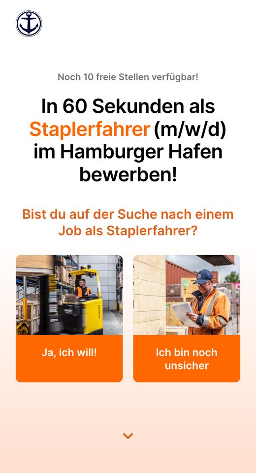 Startseite der Quiz-Bewerbung von PCH: „In 60 Sekunden als Staplerfahrer (m/w/d) im Hamburger Hafen bewerben!“, darunter die erste Frage mit zwei Antworten.